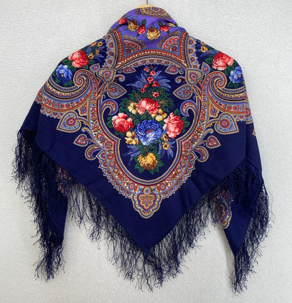 PLATKI Scarf OS Russian Shawl Wrap 100% Wool Floral Fringed Blue Square 36"x36"